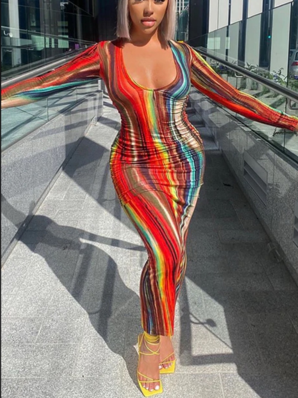 Fashion Nova Multicolor Long Sleeve Bodycon Dress - Rainbow Stripes